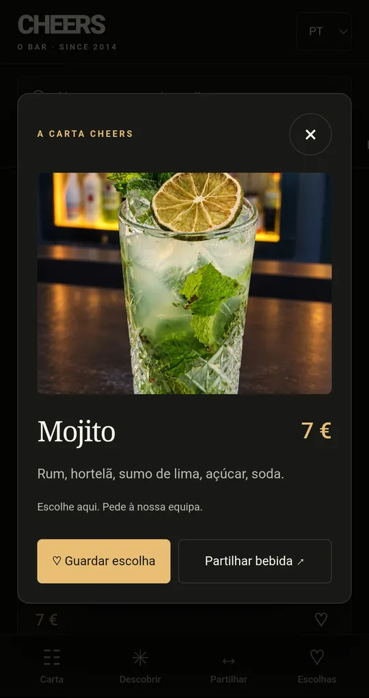 Mojito card in the Cheers O Bar QR menu, with photo, ingredients and price.