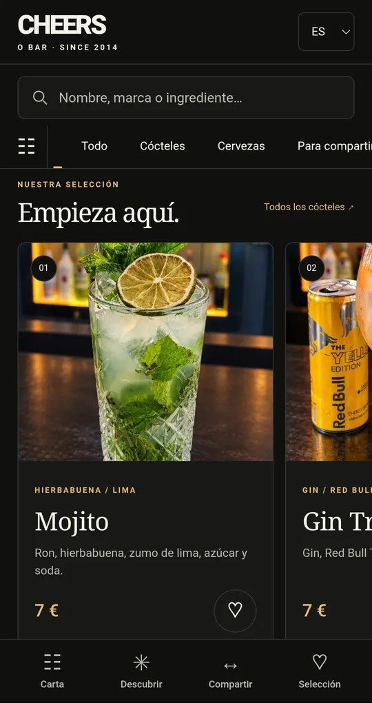 Cheers O Bar QR menu on a phone, in Spanish, with search, categories and the Mojito featured.