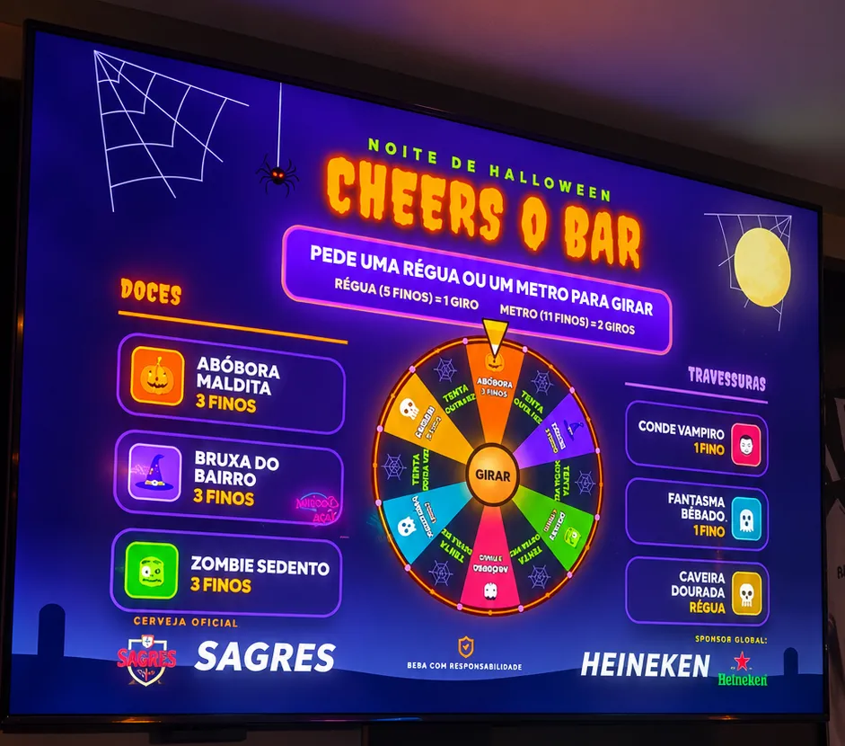 Screen at Cheers O Bar showing the interactive Halloween Night wheel and the prizes for each beer order.