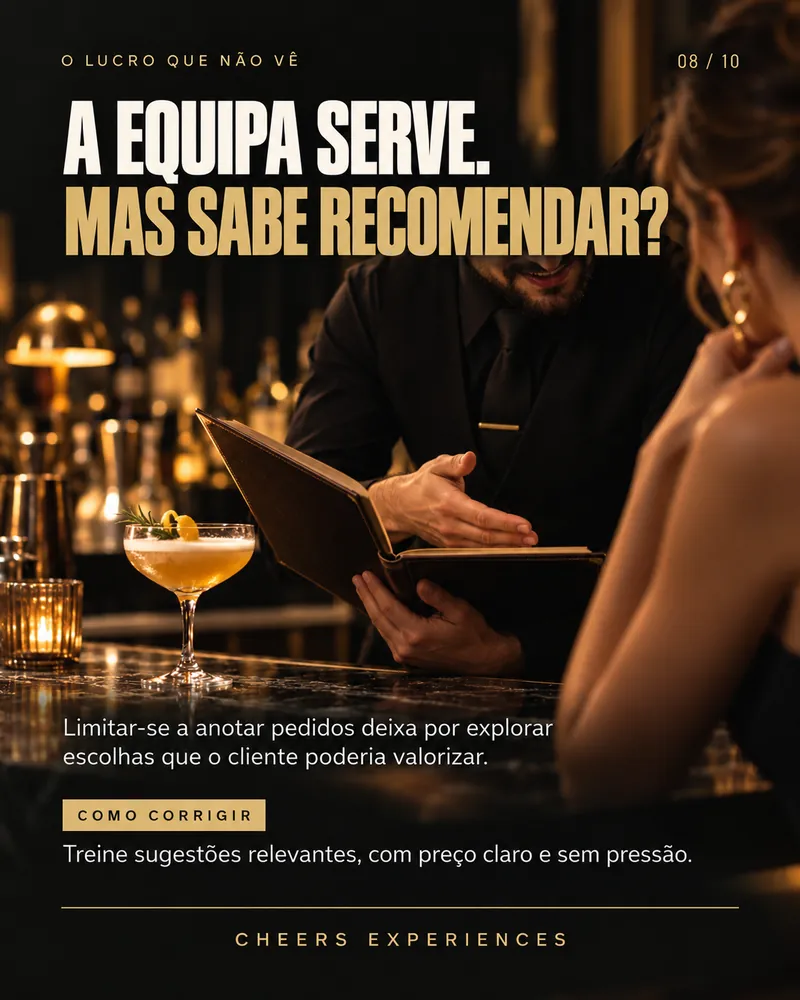 08/10 · A equipa serve. Mas sabe recomendar? Limitar-se a anotar pedidos deixa por explorar escolhas que o cliente poderia valorizar. Como corrigir: Treine sugestões relevantes, com preço claro e sem pressão.