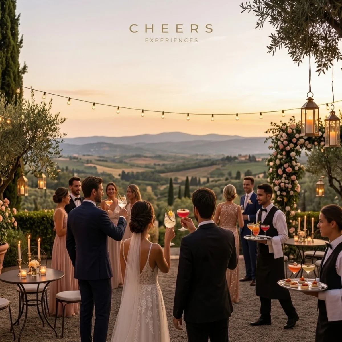Receção de casamento ao pôr do sol, com convidados a brindar e serviço de cocktails.